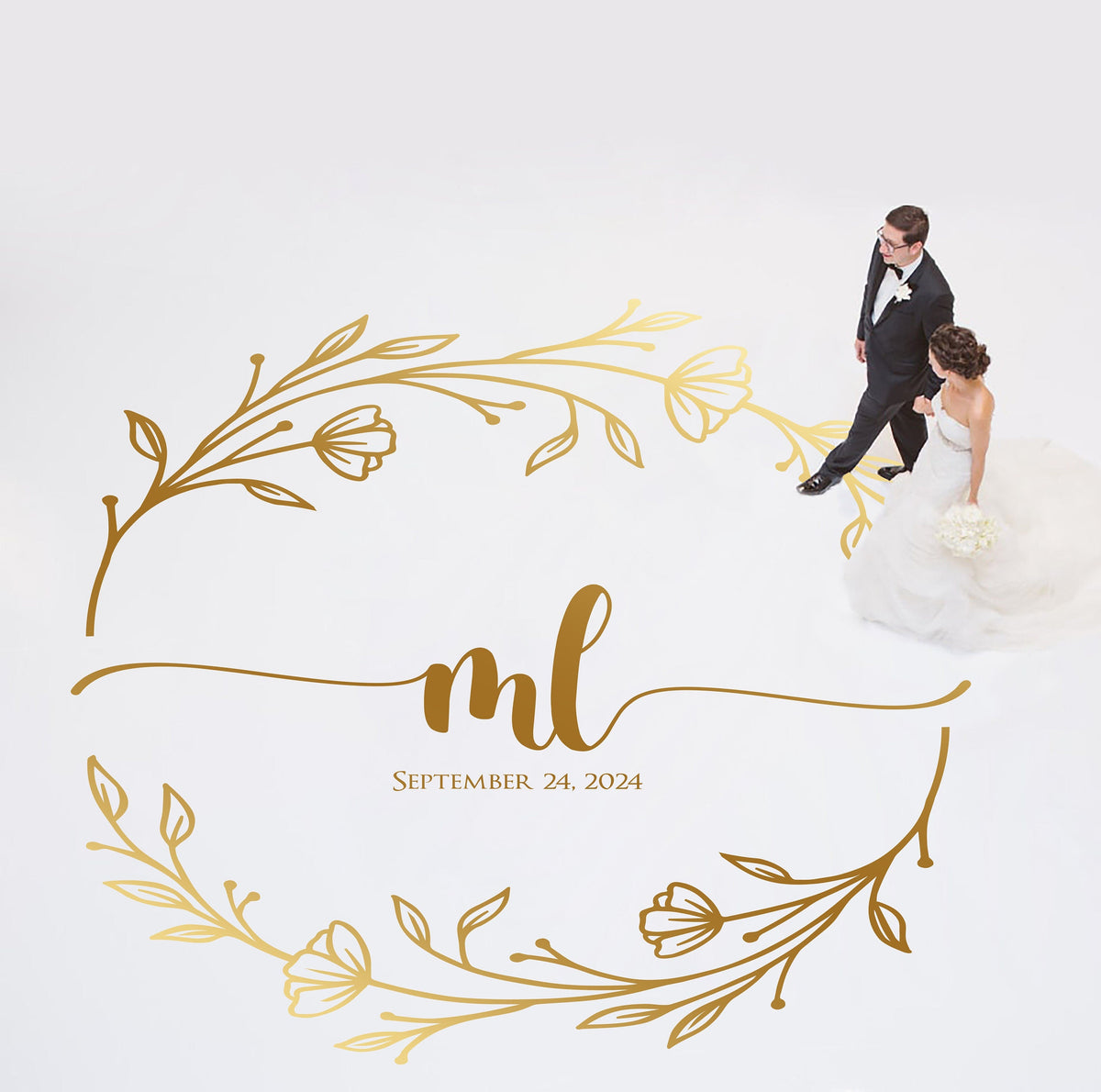 Split Floral Wreath Dance Floor Decal for Wedding shown at a wedding reception