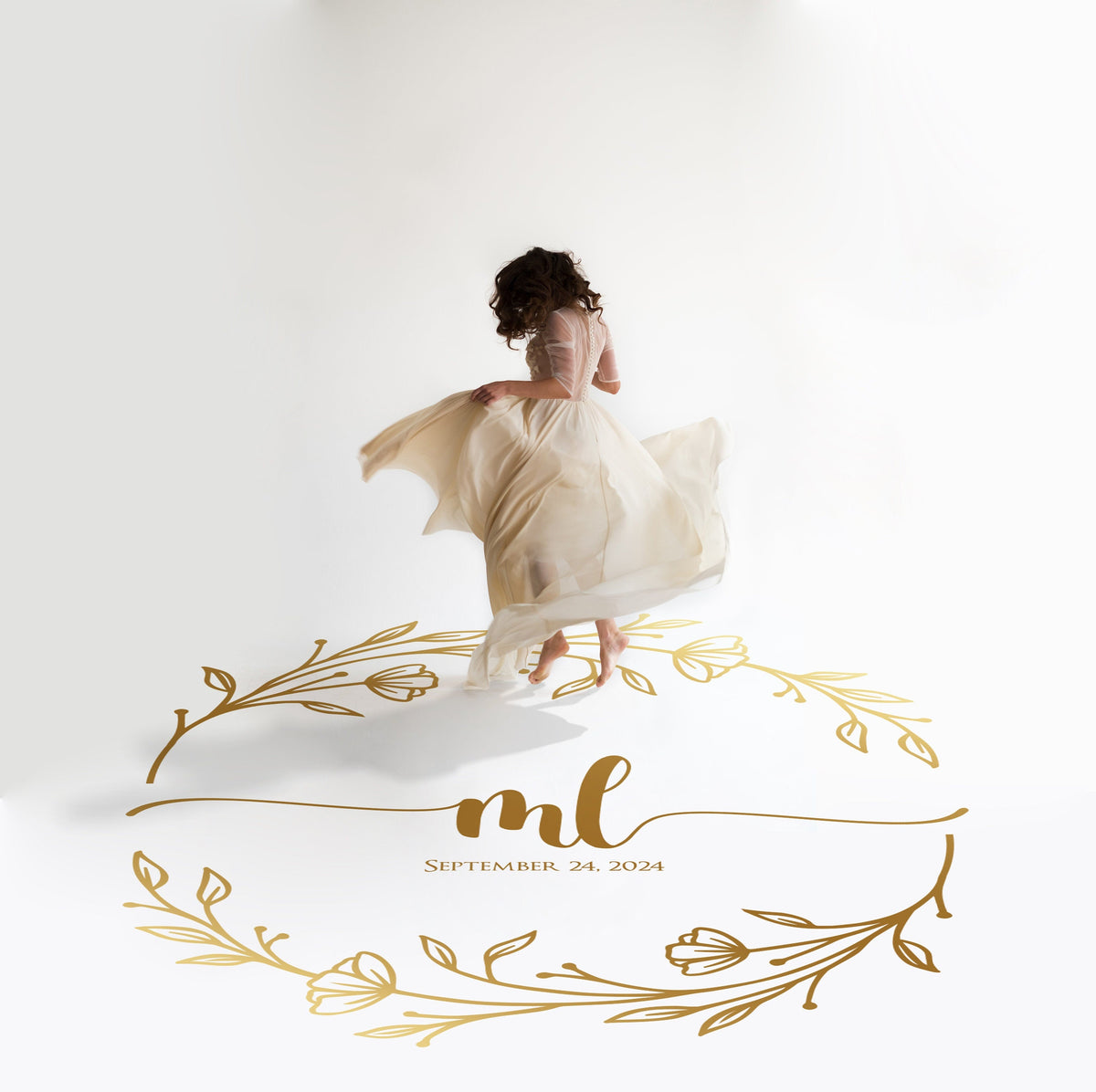 Split Floral Wreath Dance Floor Decal for Wedding in gold on a white wedding dance floor