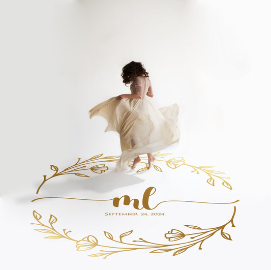 Split Floral Wreath Dance Floor Decal for Wedding in gold on a white wedding dance floor