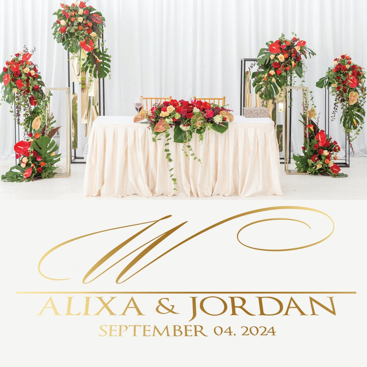 Grand Initial Names Dance Floor Decal for Wedding shown at a wedding reception