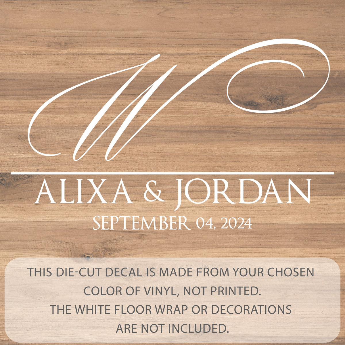 Grand Initial Names Dance Floor Decal for Wedding shown at a wedding reception
