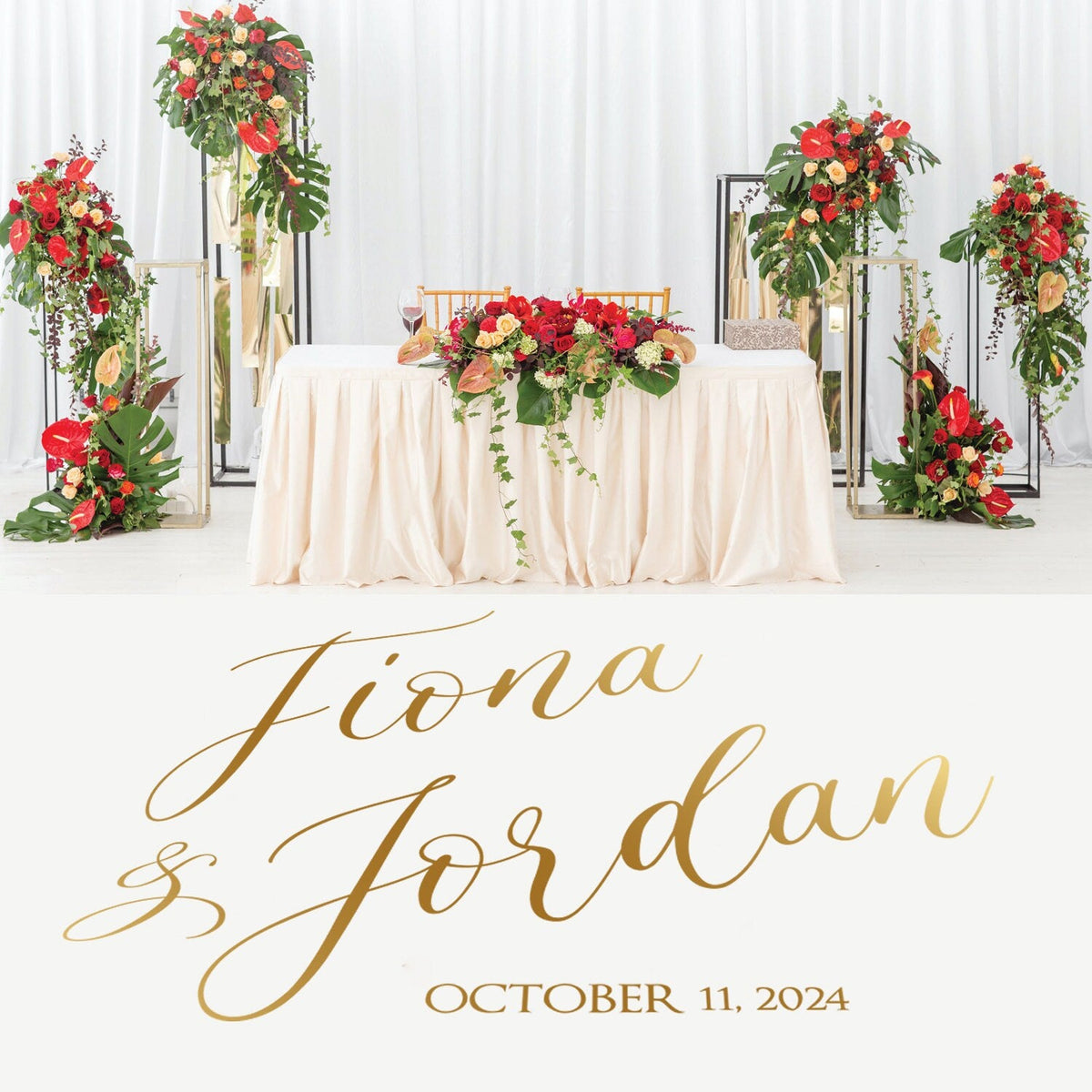 Diagonal Flow Names Dance Floor Decal for Wedding shown at a wedding reception