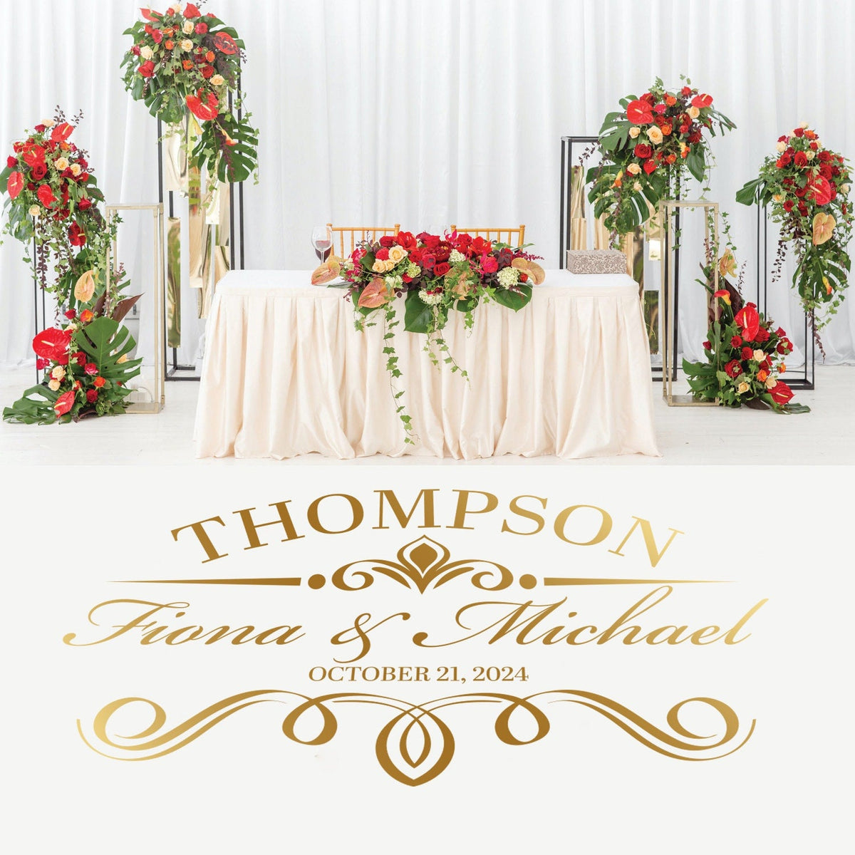 Family Name Crest Dance Floor Decal for Wedding shown at a wedding reception