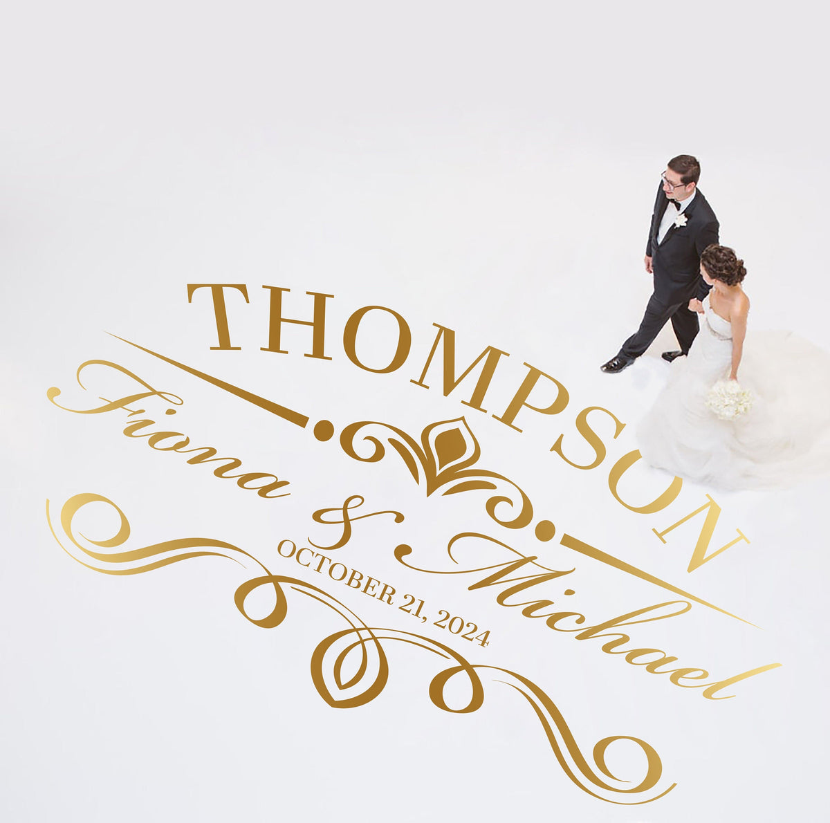 Family Name Crest Dance Floor Decal for Wedding shown at a wedding reception