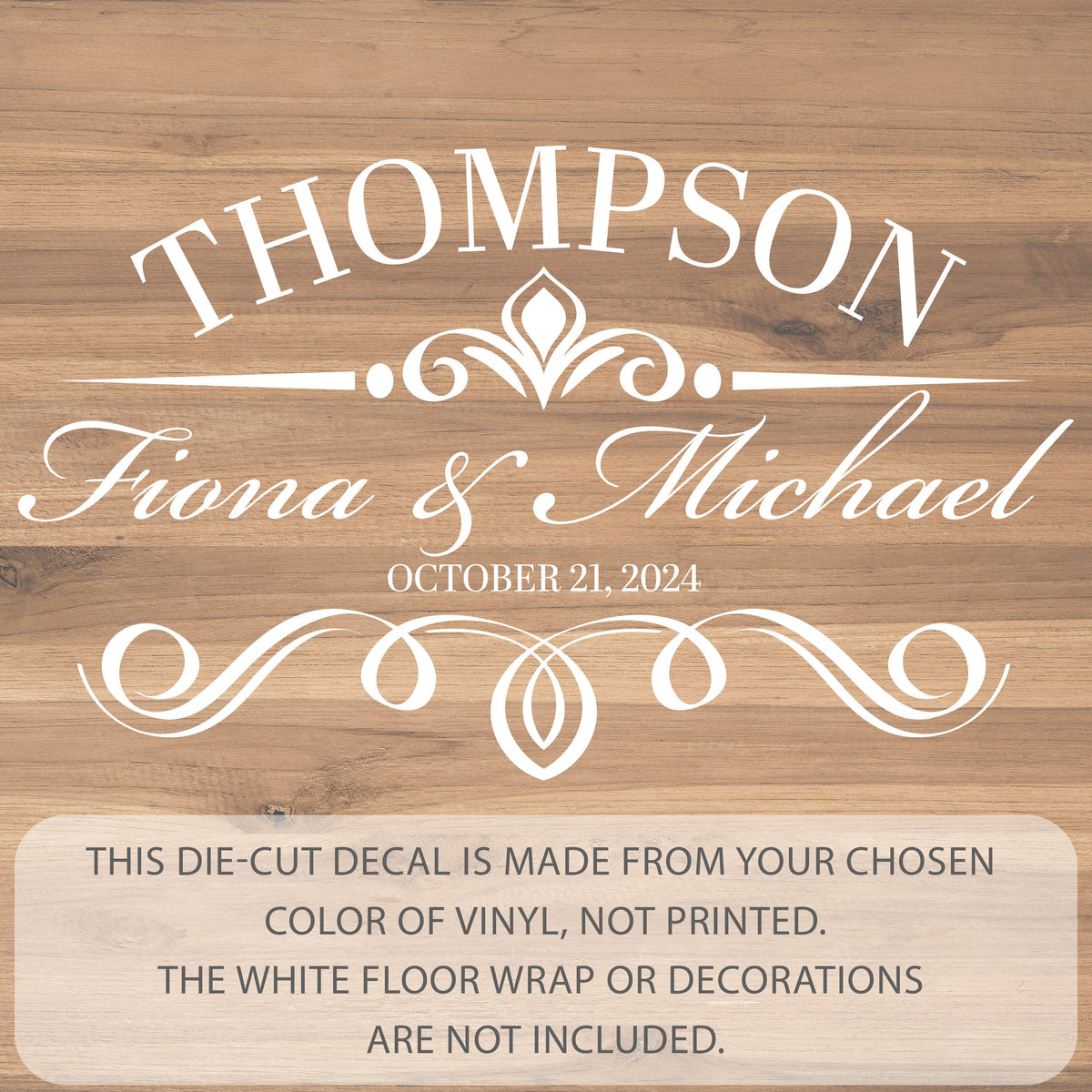 Family Name Crest Dance Floor Decal for Wedding shown at a wedding reception