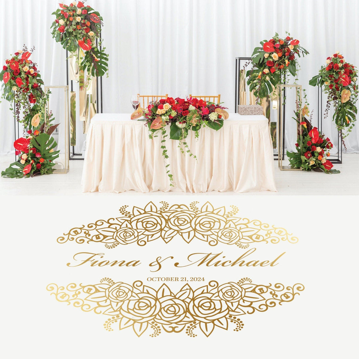 Rose Garland Names Dance Floor Decal for Wedding shown at a wedding reception