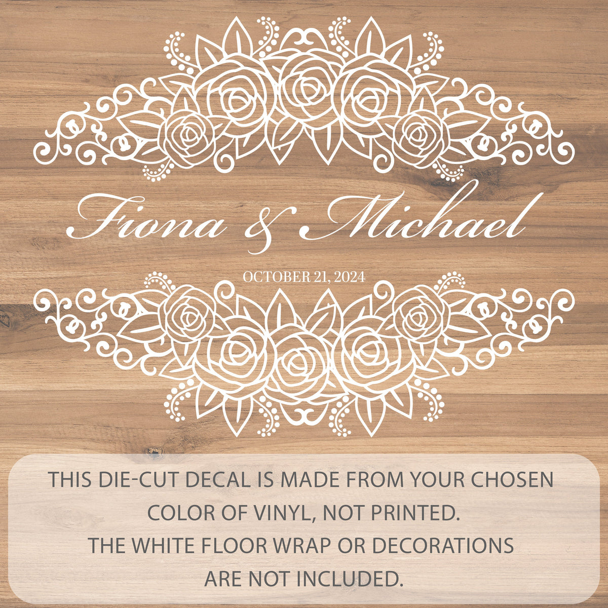 Rose Garland Names Dance Floor Decal for Wedding shown at a wedding reception