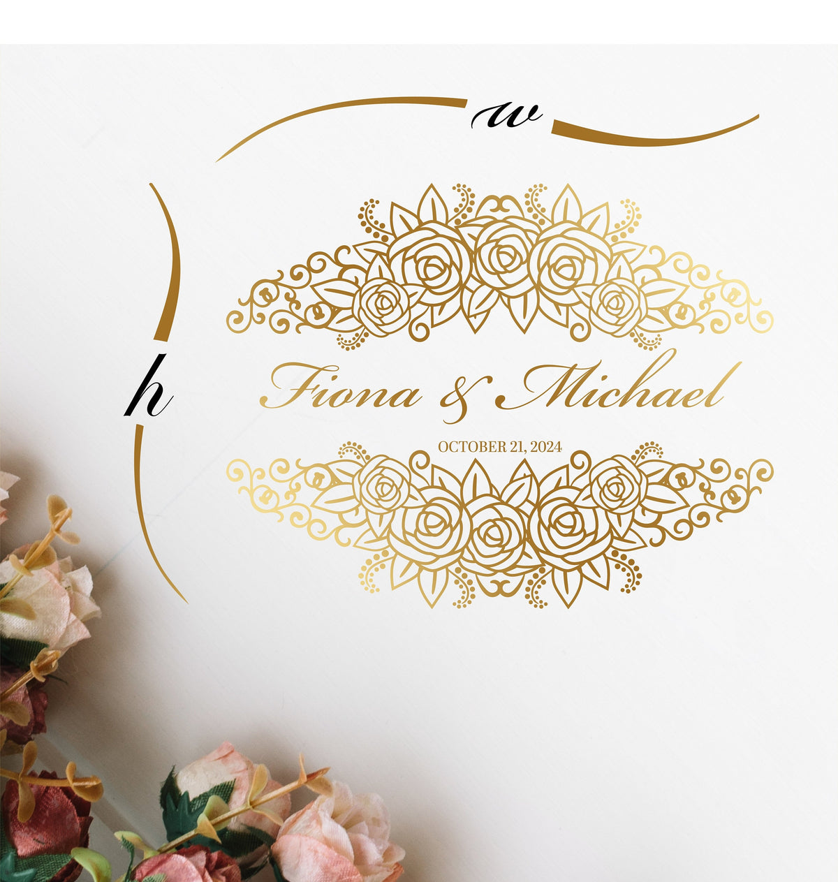 Rose Garland Names Dance Floor Decal for Wedding shown at a wedding reception