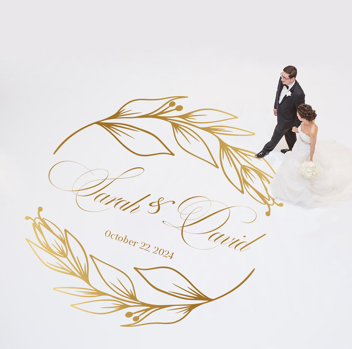 Copperplate Script Dance Floor Decal for Wedding shown at a wedding reception