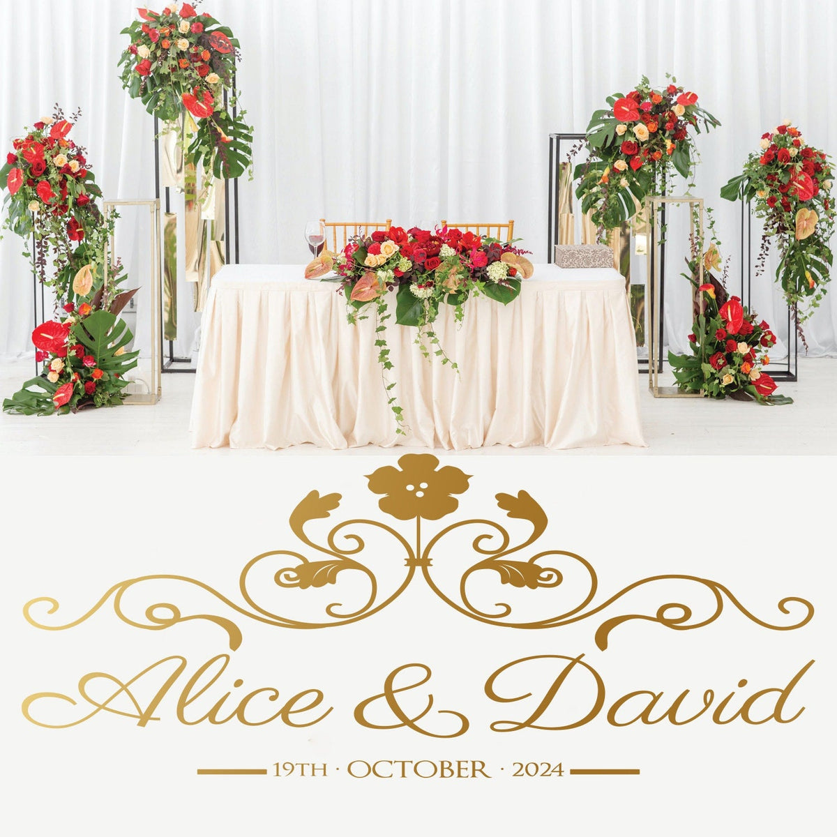 Blossom Crown Names Dance Floor Decal for Wedding shown at a wedding reception