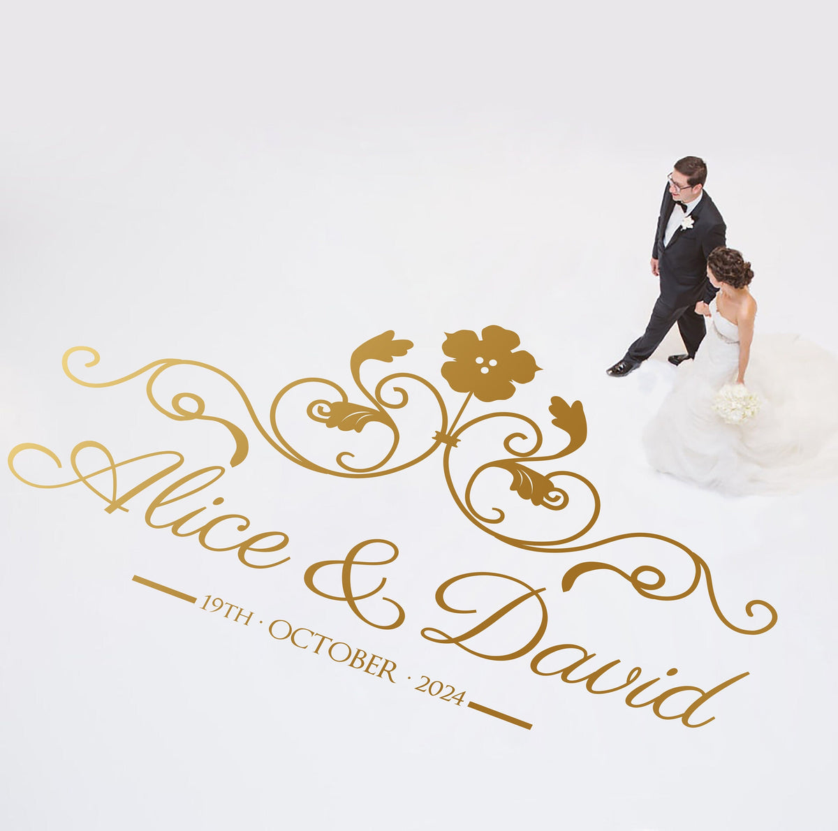 Blossom Crown Names Dance Floor Decal for Wedding shown at a wedding reception
