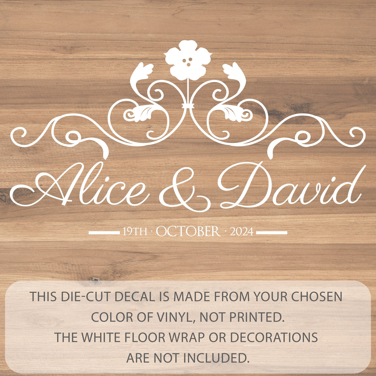 Blossom Crown Names Dance Floor Decal for Wedding shown at a wedding reception