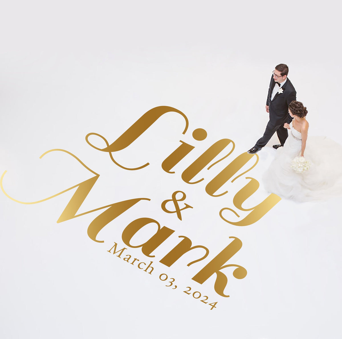 Bold Glam Script Dance Floor Decal for Wedding shown at a wedding reception