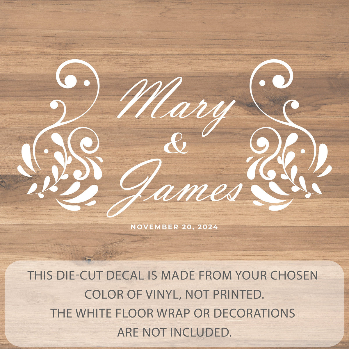 Paisley Swirl Names Dance Floor Decal for Wedding shown at a wedding reception
