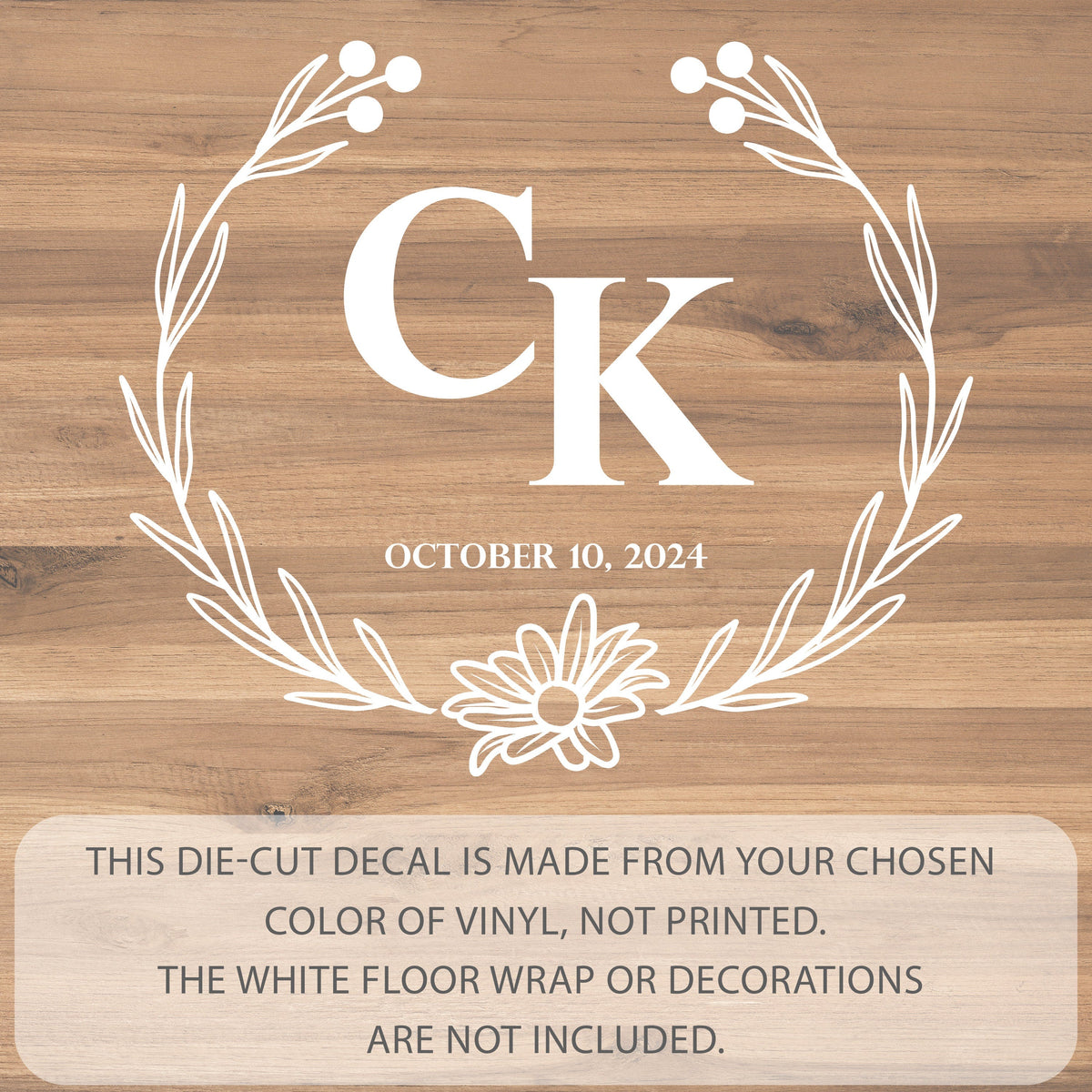 Daisy Wreath Monogram Dance Floor Decal for Wedding shown at a wedding reception