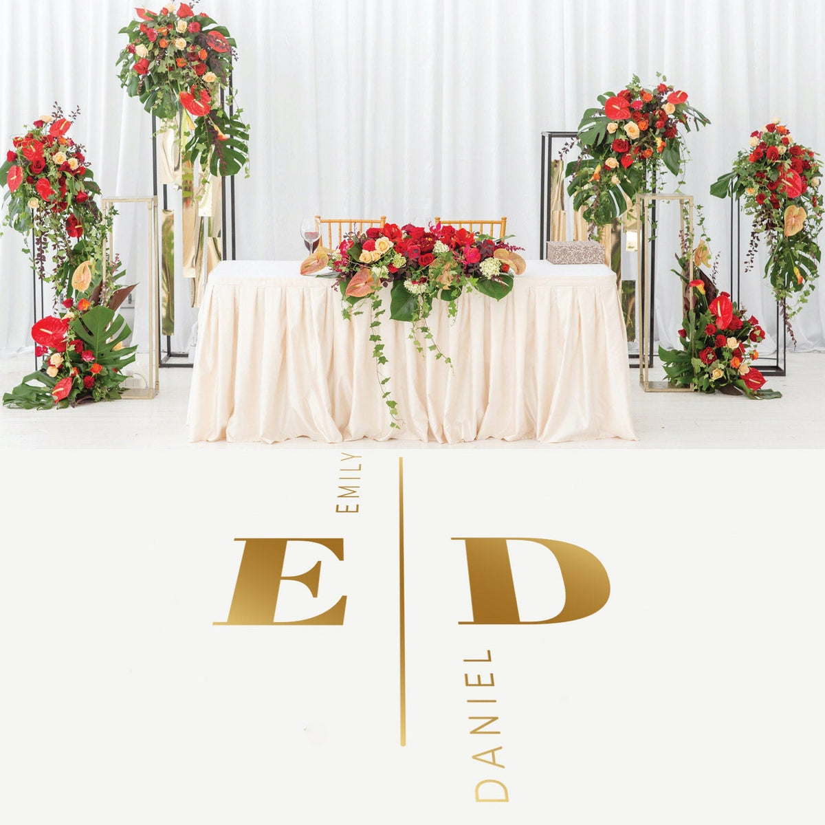 Vertical Divider Initials Dance Floor Decal for Wedding shown at a wedding reception