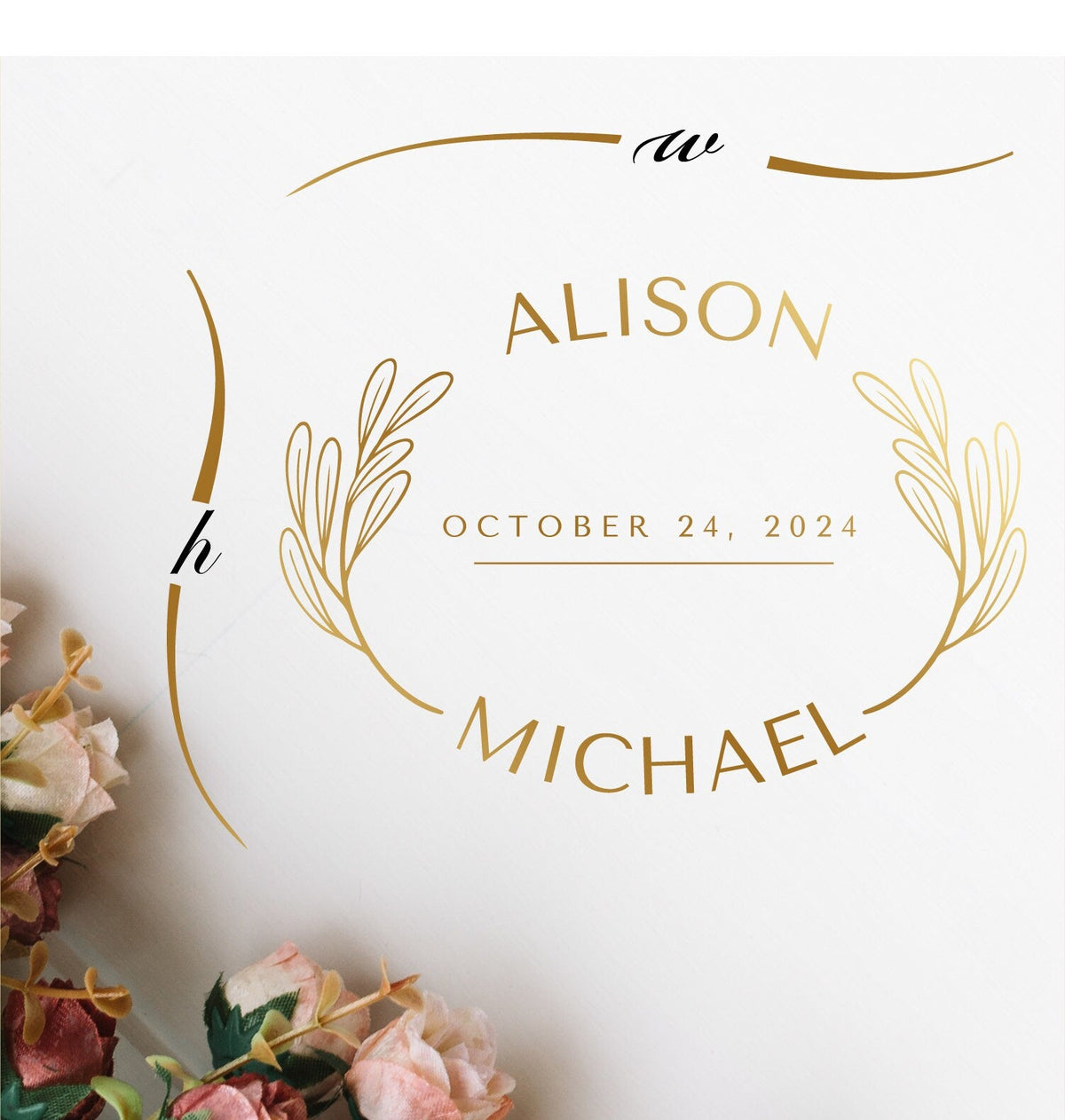 Curved Names Oval Dance Floor Decal for Wedding shown at a wedding reception