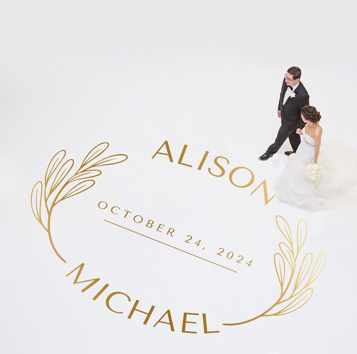 Curved Names Oval Dance Floor Decal for Wedding shown at a wedding reception