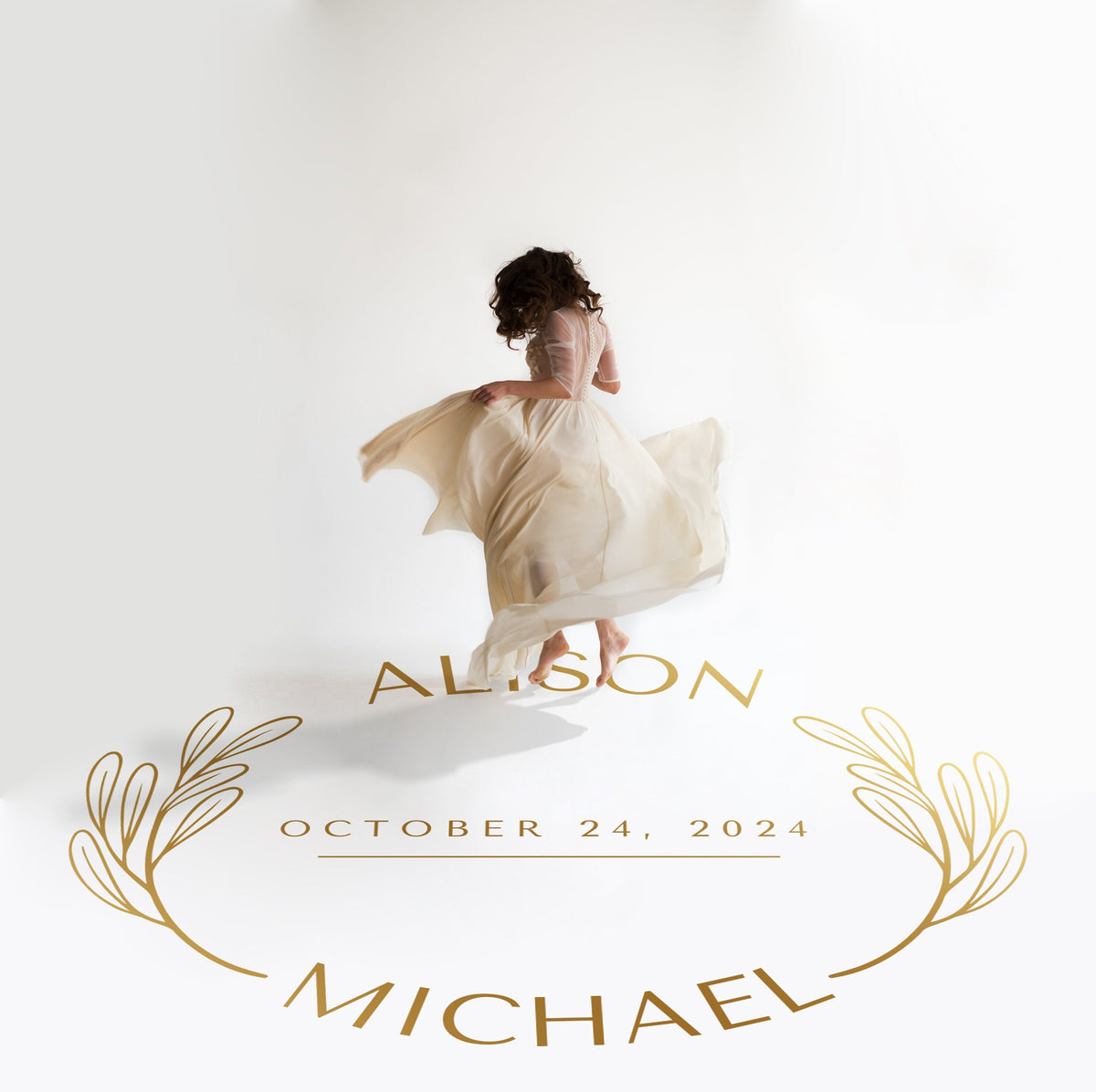 Curved Names Oval Dance Floor Decal for Wedding in gold on a white wedding dance floor