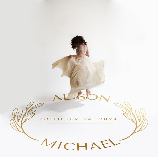 Curved Names Oval Dance Floor Decal for Wedding in gold on a white wedding dance floor