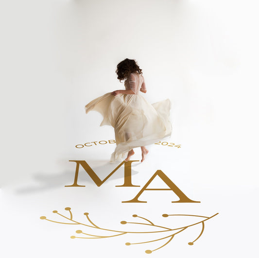 Staggered Initials Twig Dance Floor Decal for Wedding in gold on a white wedding dance floor
