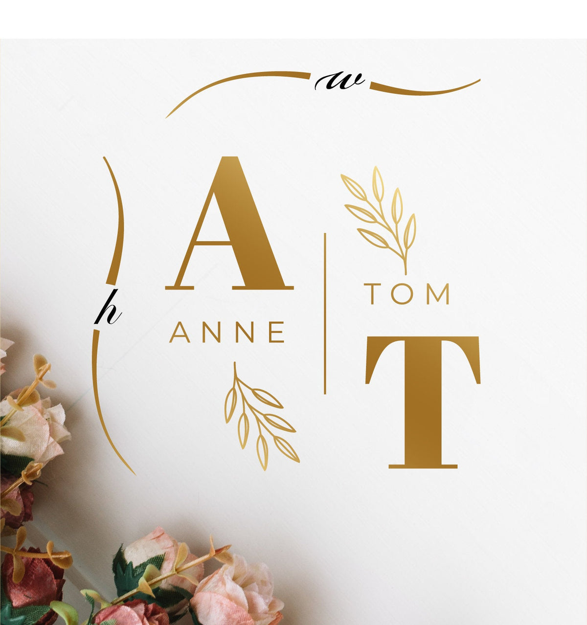 Arched Names Rose Stem Dance Floor Decal for Wedding shown at a wedding reception