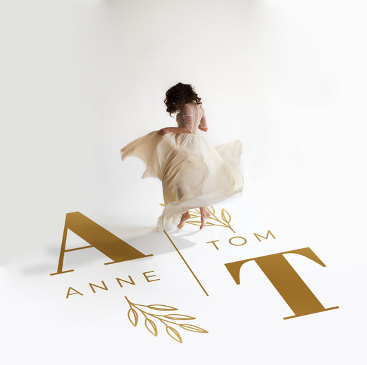 Arched Names Rose Stem Dance Floor Decal for Wedding in gold on a white wedding dance floor