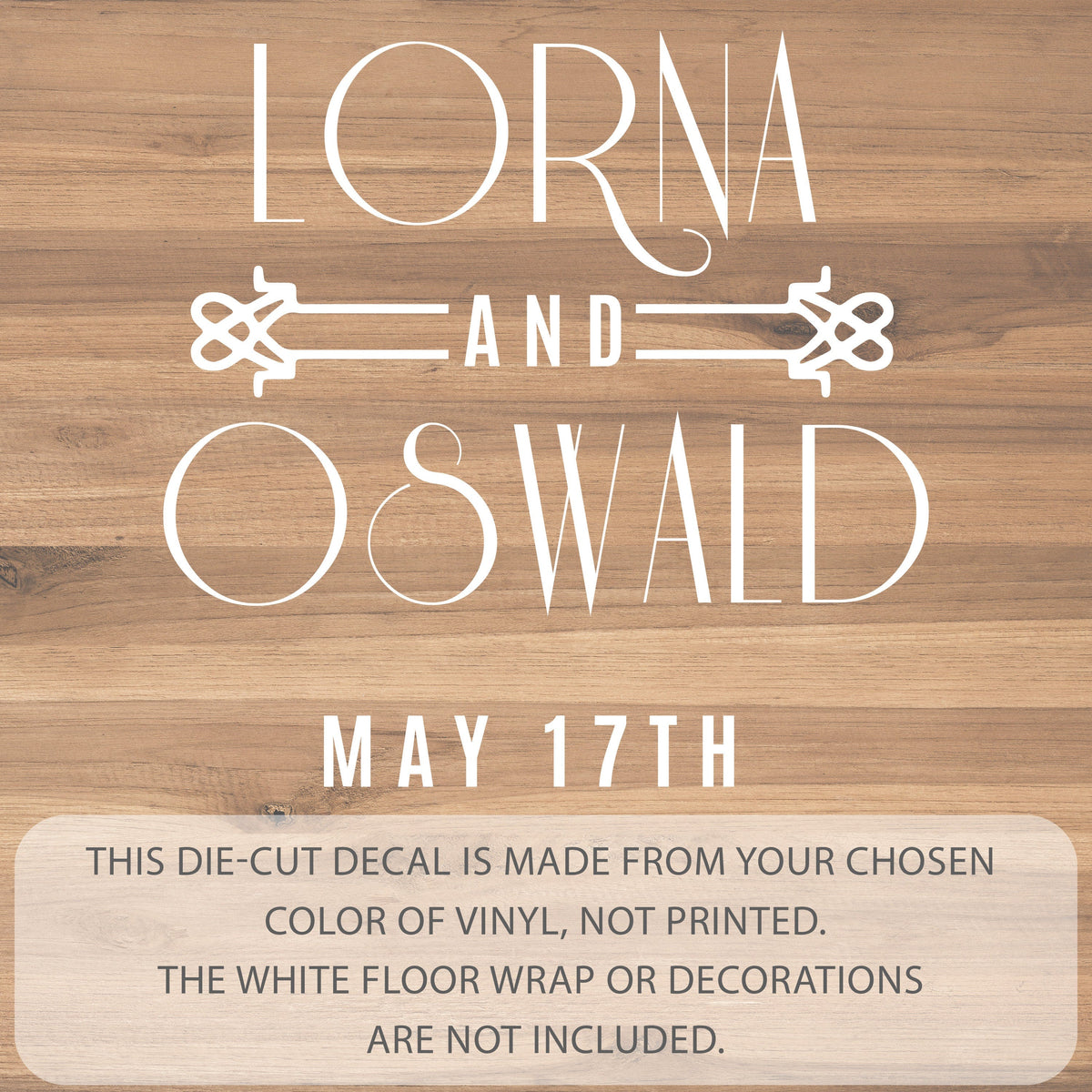 Nouveau Display Names Dance Floor Decal for Wedding shown at a wedding reception