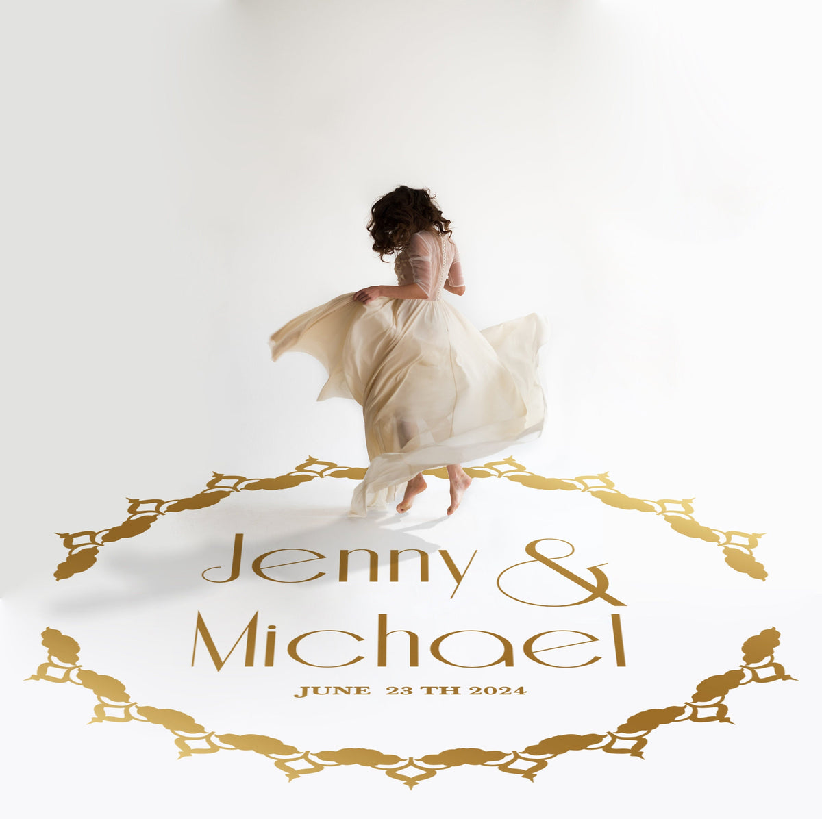 Ornamental Circle Dance Floor Decal for Wedding in gold on a white wedding dance floor
