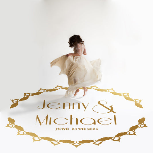Ornamental Circle Dance Floor Decal for Wedding in gold on a white wedding dance floor