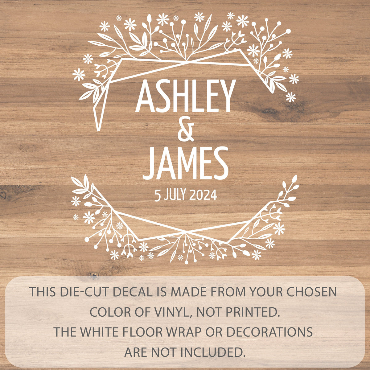 Wildflower Geo Crest Dance Floor Decal for Wedding shown at a wedding reception