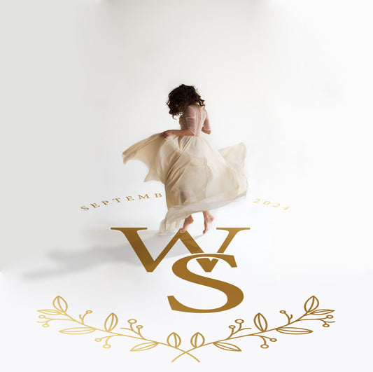 Overlapping Initials Dance Floor Decal for Wedding in gold on a white wedding dance floor