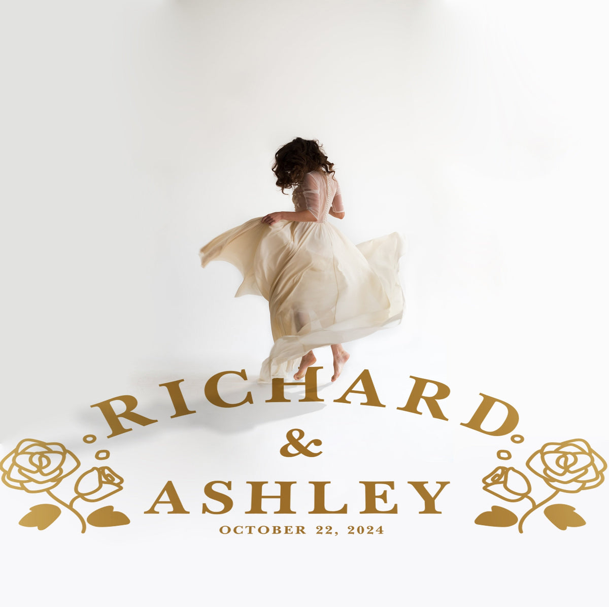 Arched Names Rose Stem Dance Floor Decal for Wedding in gold on a white wedding dance floor