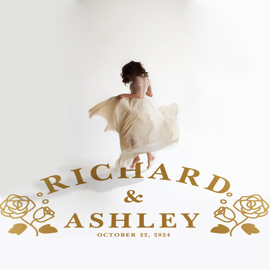 Arched Names Rose Stem Dance Floor Decal for Wedding in gold on a white wedding dance floor