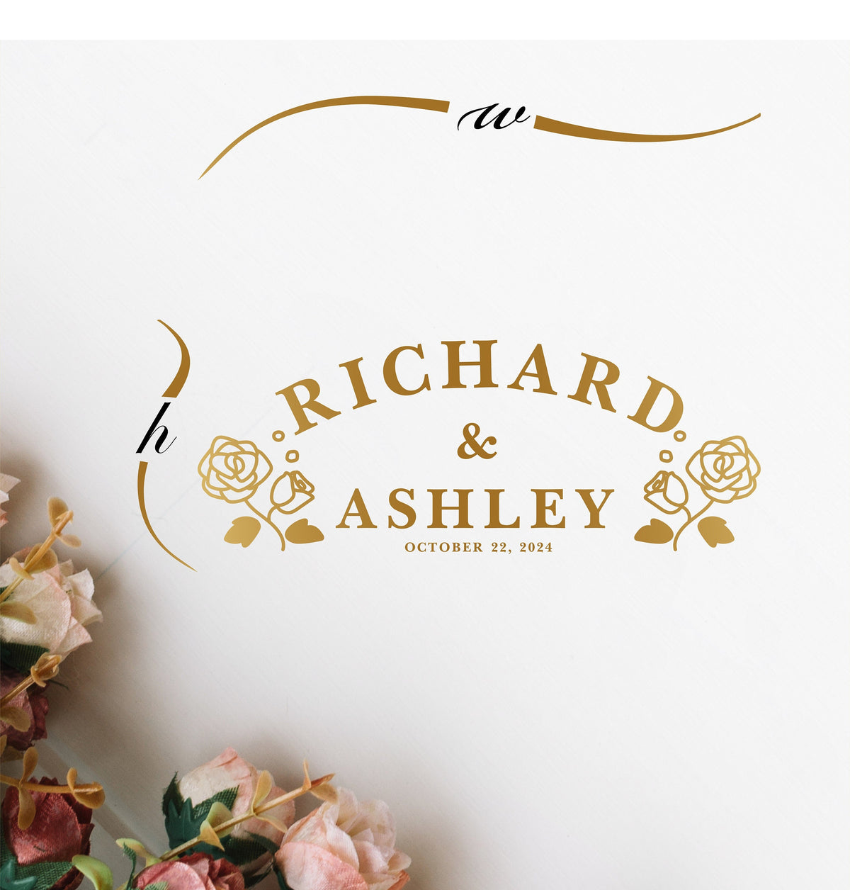 Arched Names Rose Stem Dance Floor Decal for Wedding shown at a wedding reception