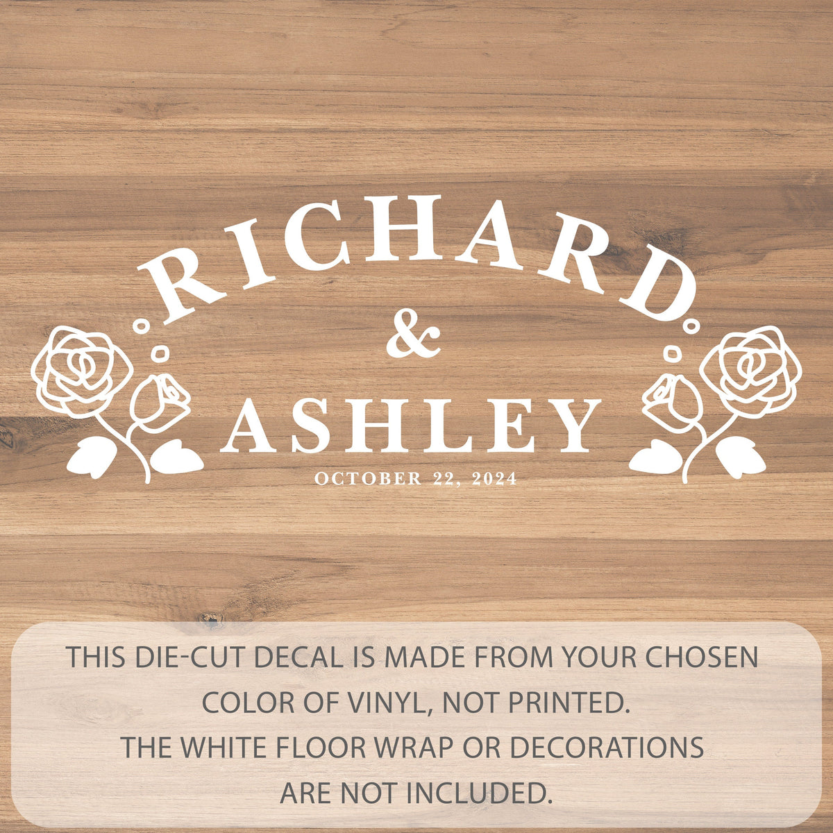Arched Names Rose Stem Dance Floor Decal for Wedding shown at a wedding reception