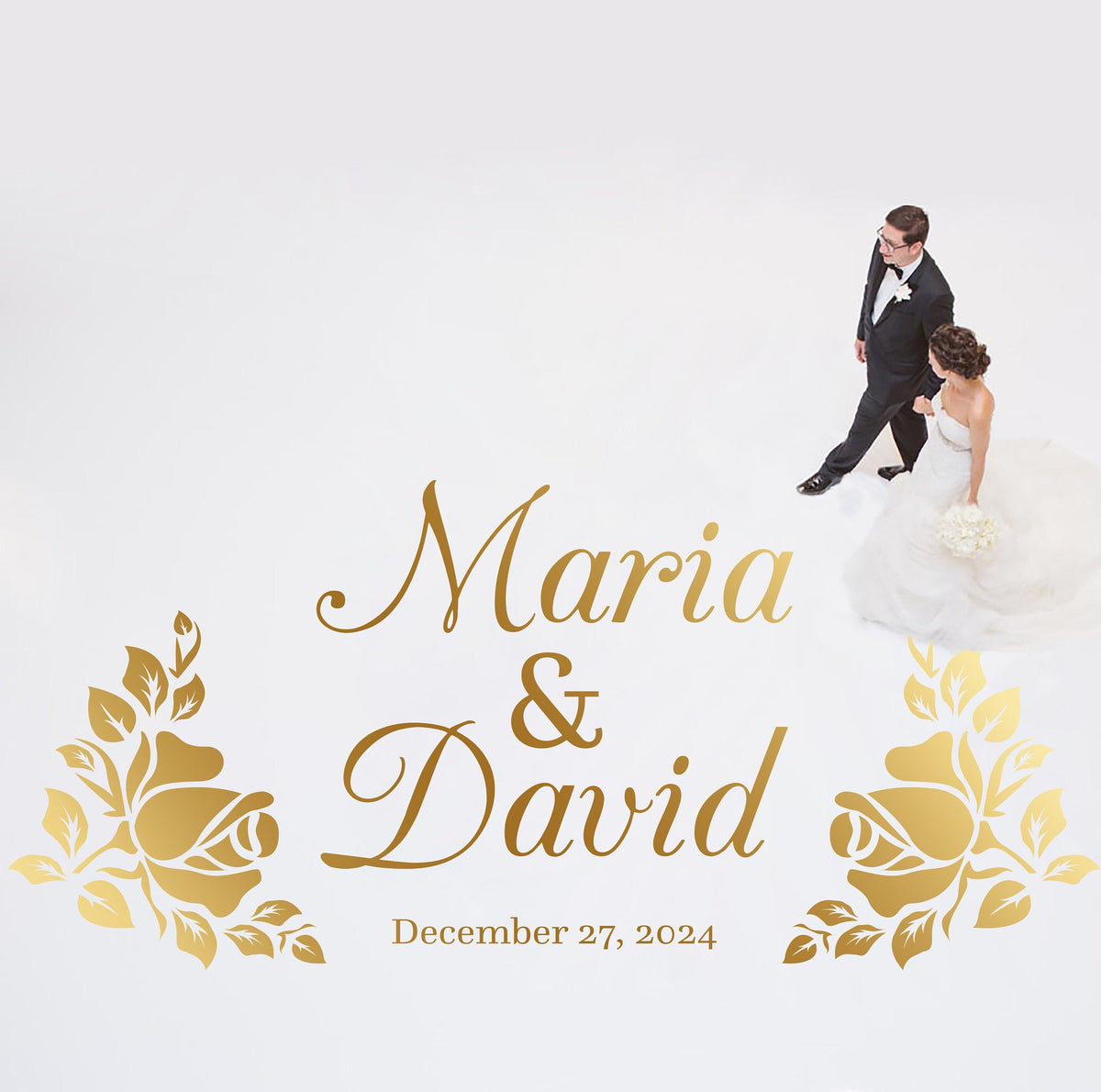 Rose Bouquet Script Dance Floor Decal for Wedding shown at a wedding reception