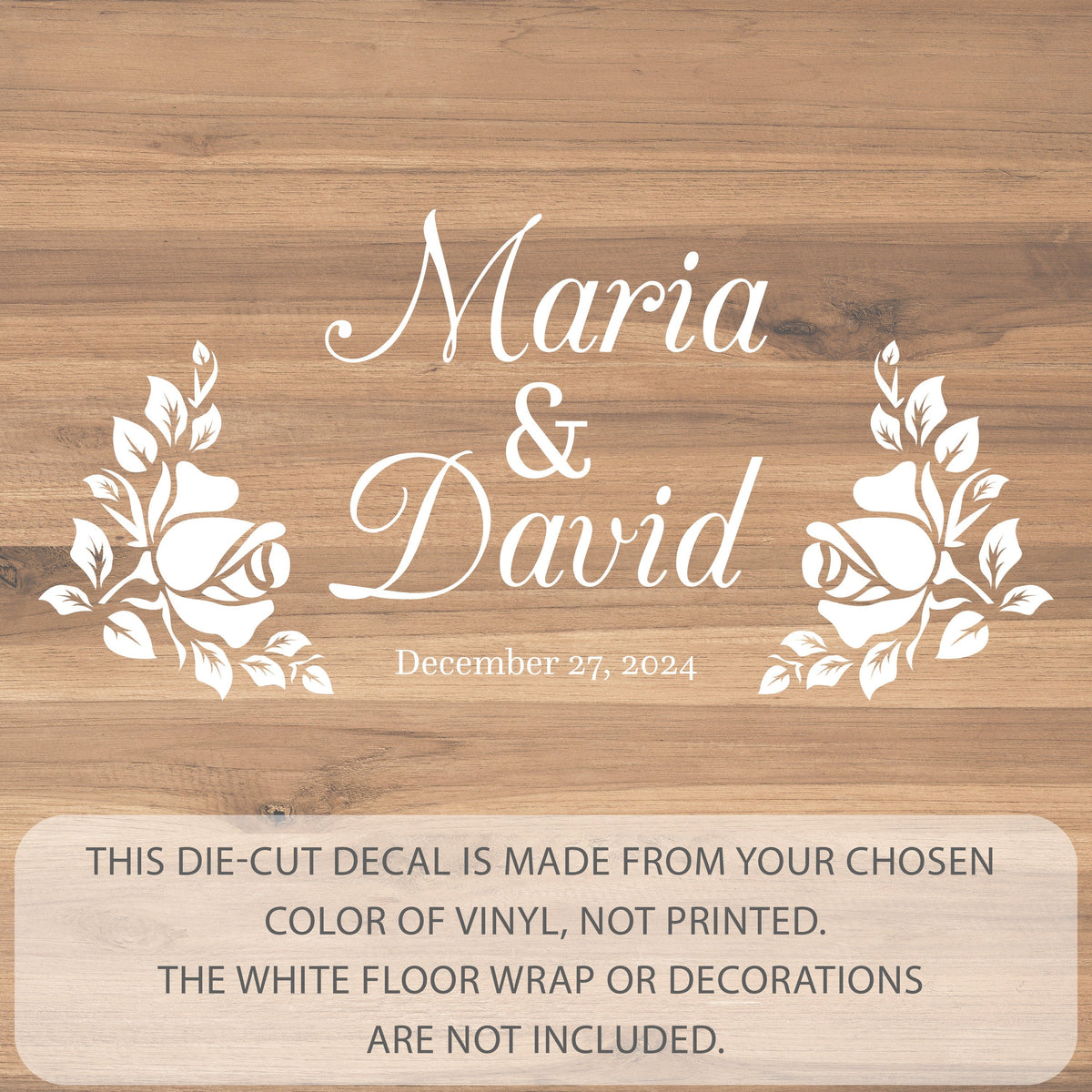 Rose Bouquet Script Dance Floor Decal for Wedding shown at a wedding reception