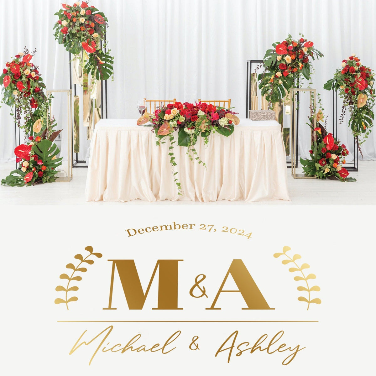 Initials Over Names Dance Floor Decal for Wedding shown at a wedding reception
