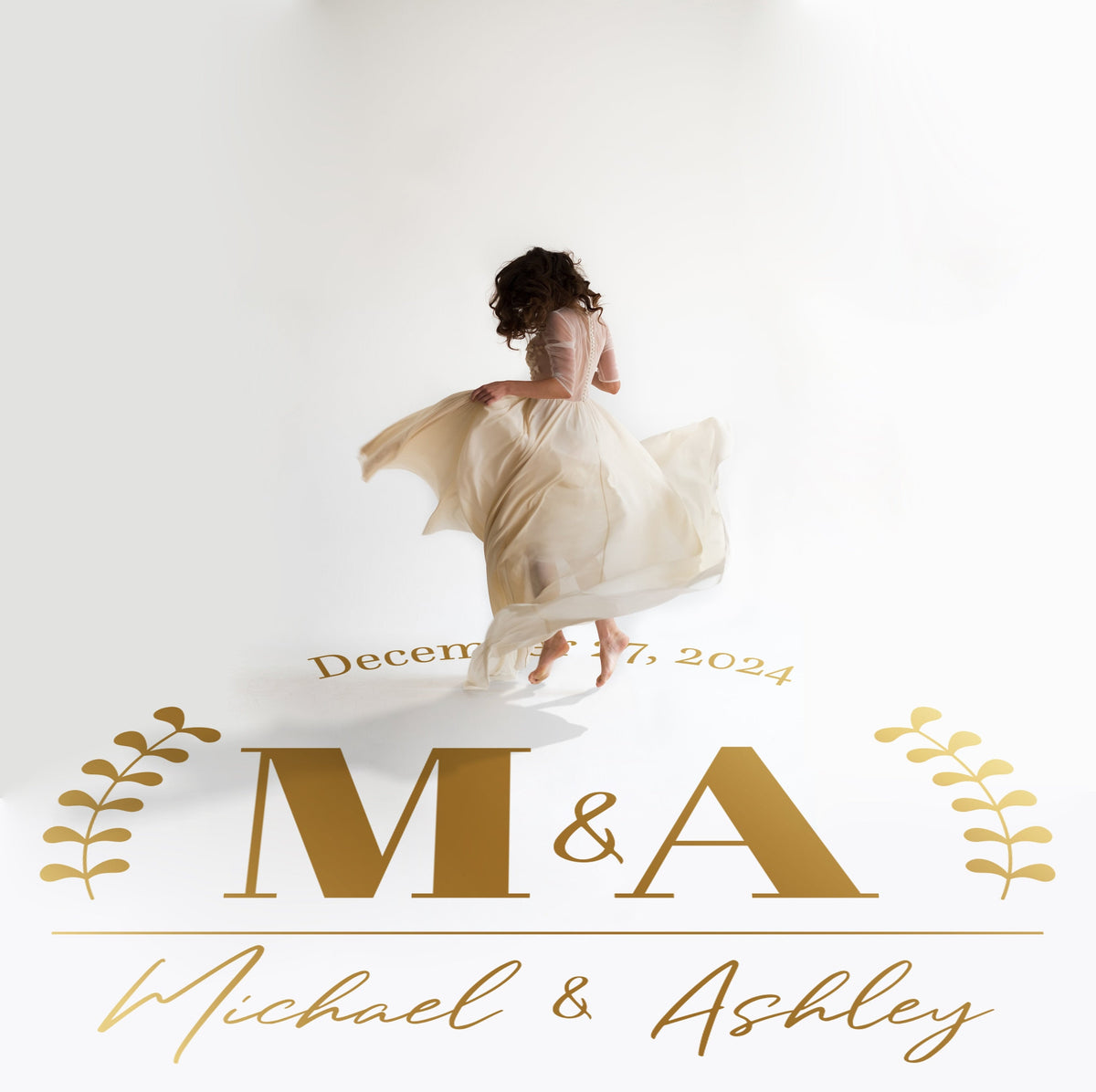 Initials Over Names Dance Floor Decal for Wedding in gold on a white wedding dance floor