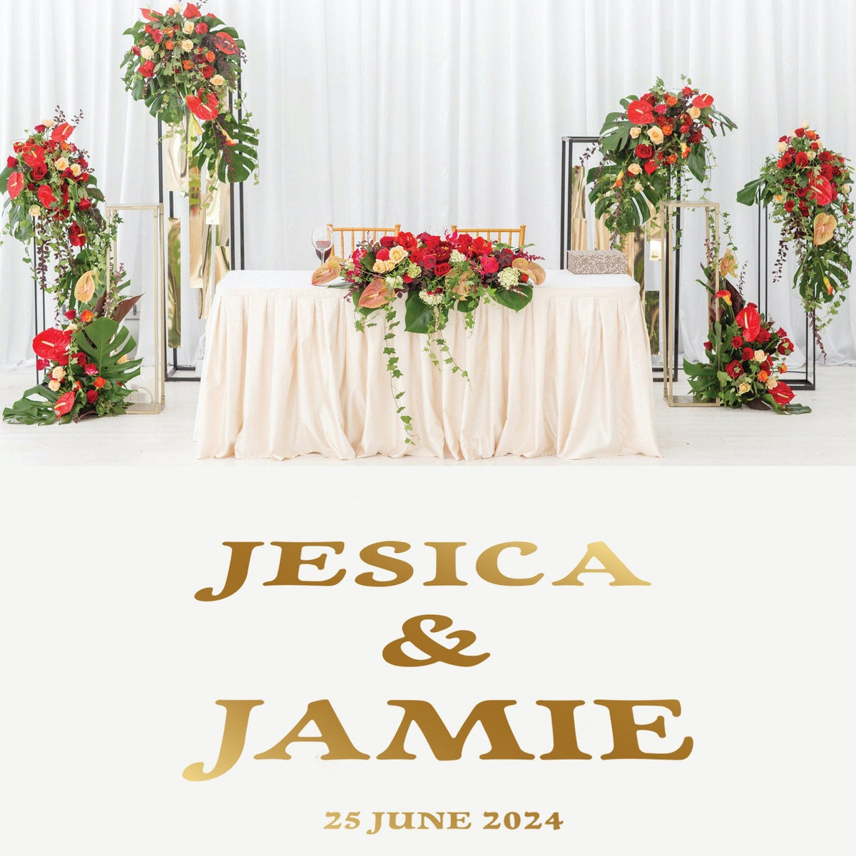 Chunky Retro Serif Dance Floor Decal for Wedding shown at a wedding reception
