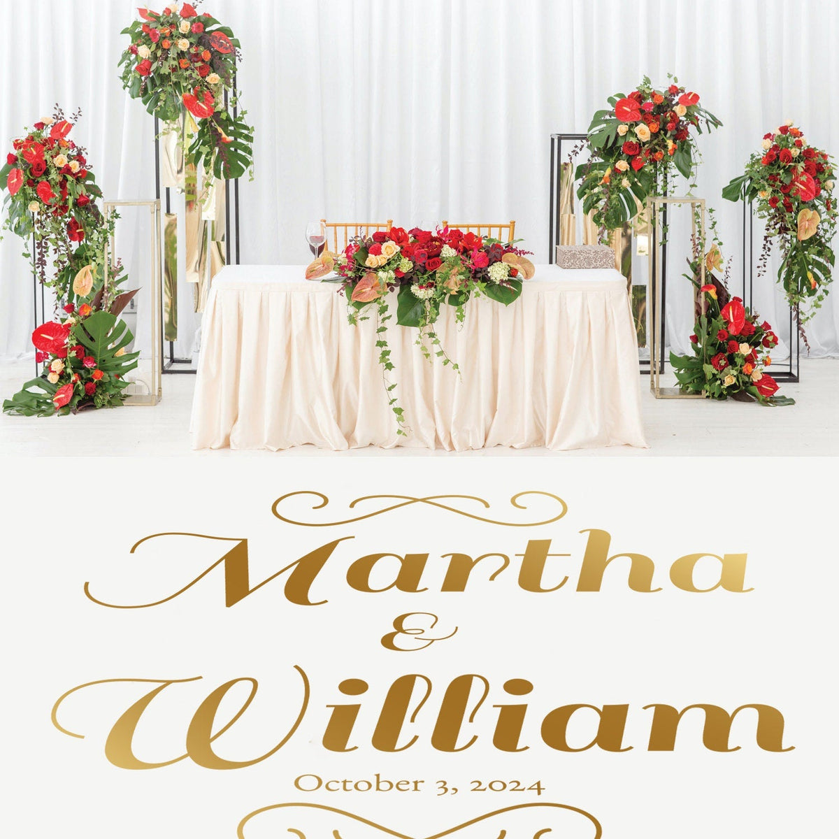 Scroll Flourish Names Dance Floor Decal for Wedding shown at a wedding reception