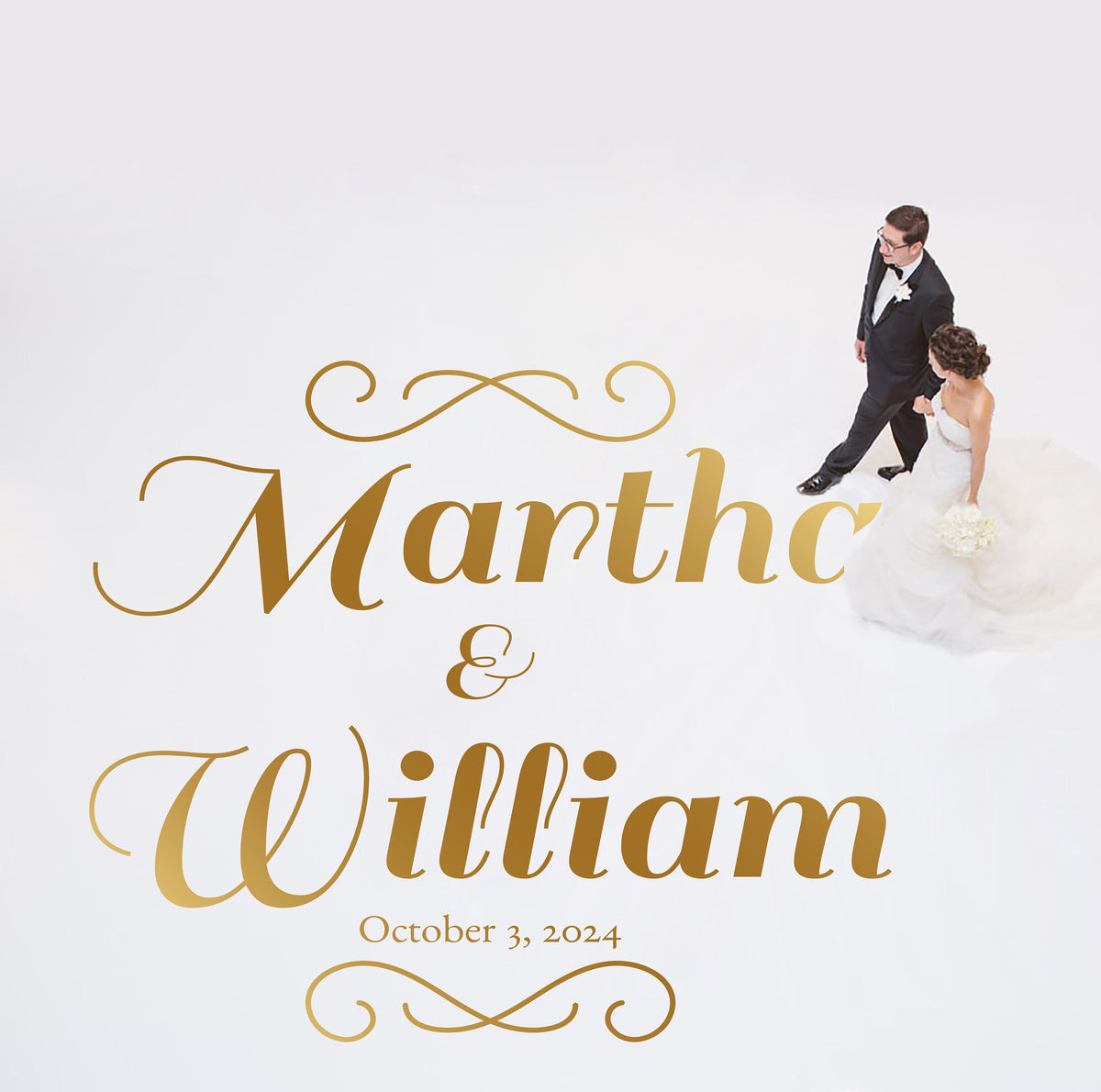 Scroll Flourish Names Dance Floor Decal for Wedding shown at a wedding reception