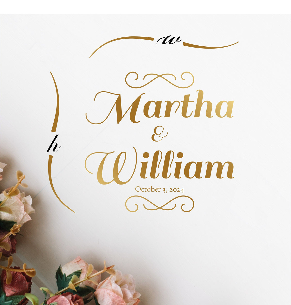Scroll Flourish Names Dance Floor Decal for Wedding shown at a wedding reception