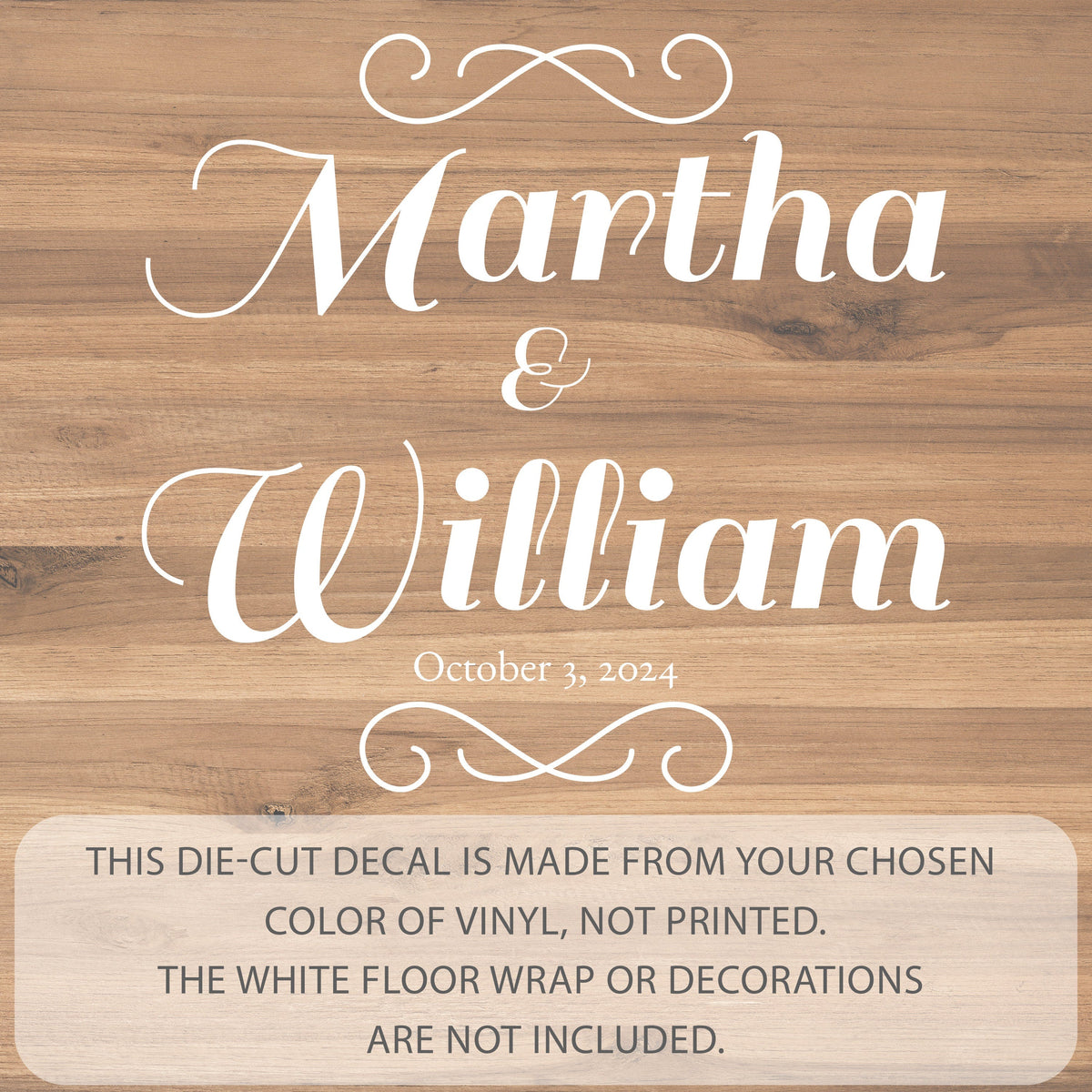 Scroll Flourish Names Dance Floor Decal for Wedding shown at a wedding reception