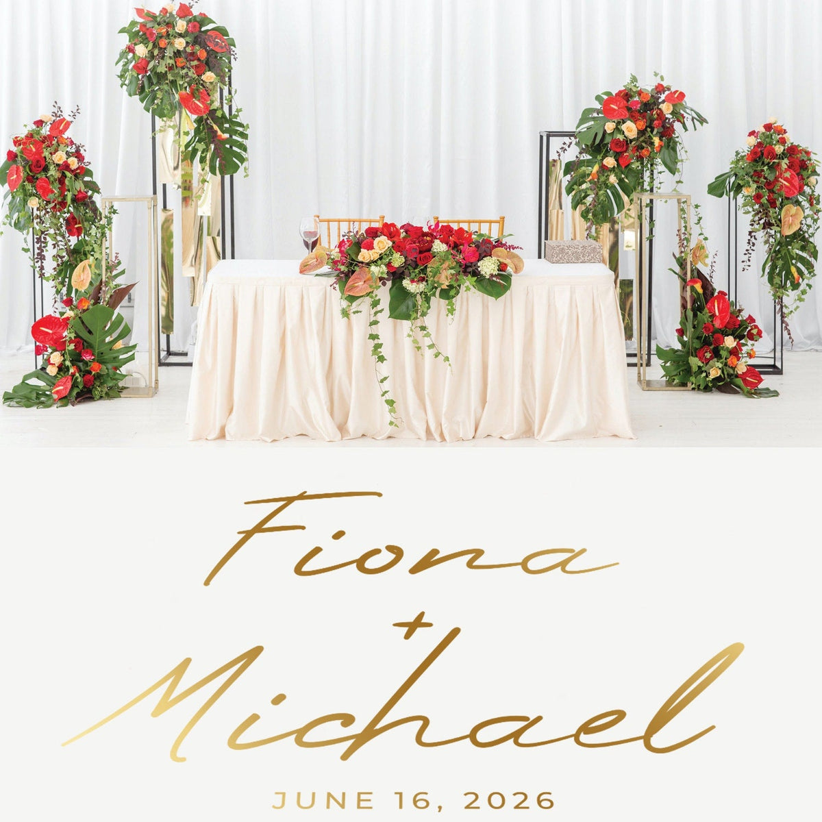 Oversized Script Names Dance Floor Decal for Wedding shown at a wedding reception