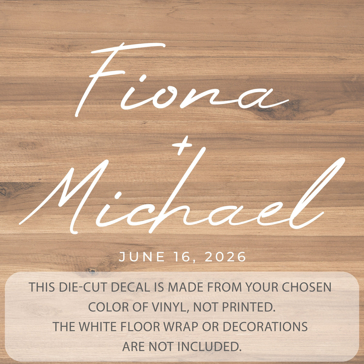Oversized Script Names Dance Floor Decal for Wedding shown at a wedding reception