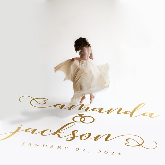 Wedding Rings Script Dance Floor Decal for Wedding in gold on a white wedding dance floor