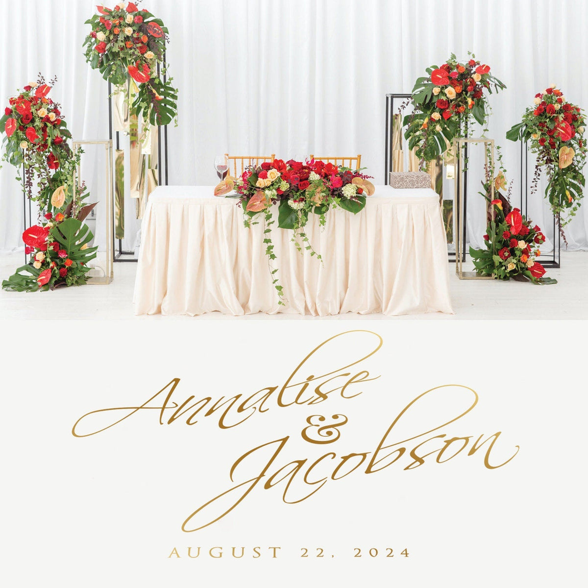 Diagonal Italic Script Dance Floor Decal for Wedding shown at a wedding reception