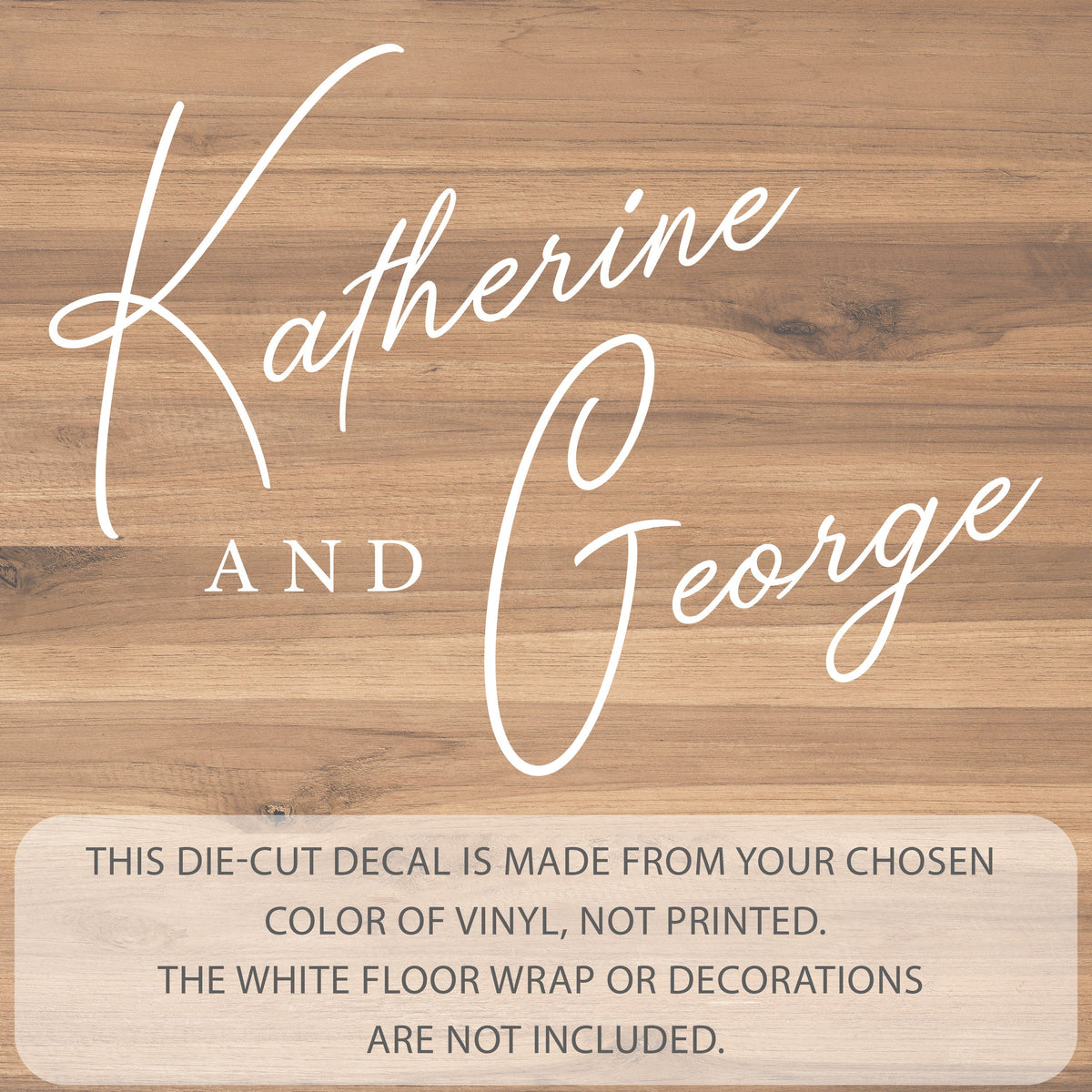 Sweeping Script Names Dance Floor Decal for Wedding shown at a wedding reception